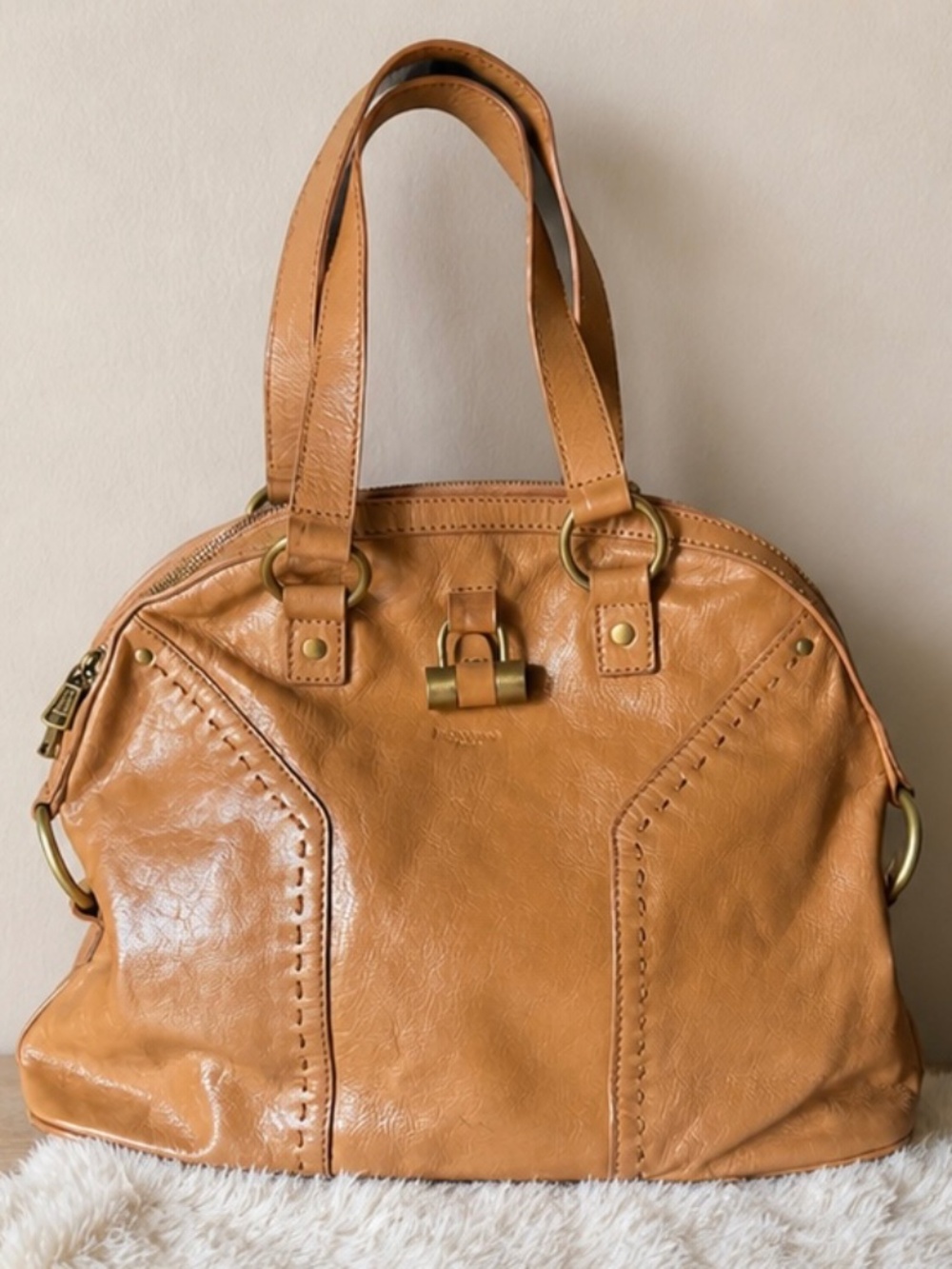 YVES SAINT LAURENT YSL  Beige Patent Leather Large Dome Satchel Muse Bag